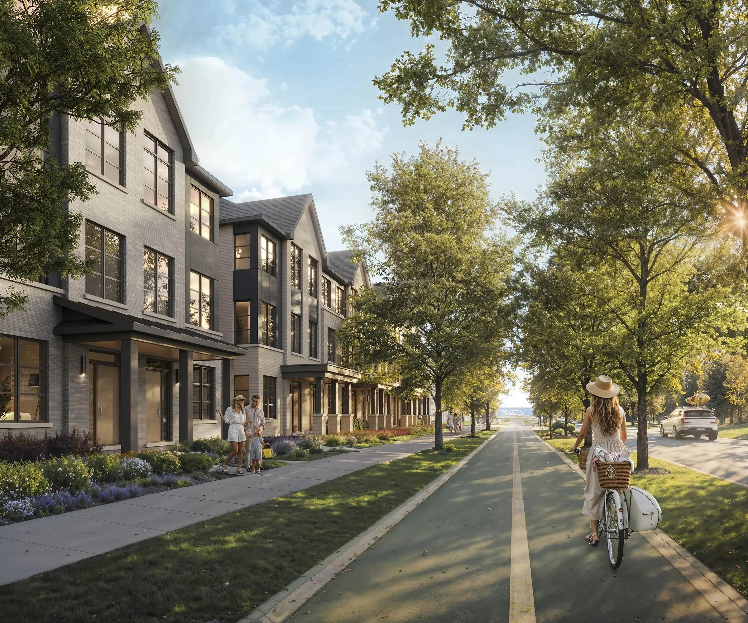 Pier House Towns streetscape – 3-storey freehold townhomes by Branthaven in Lakeview Village Mississauga